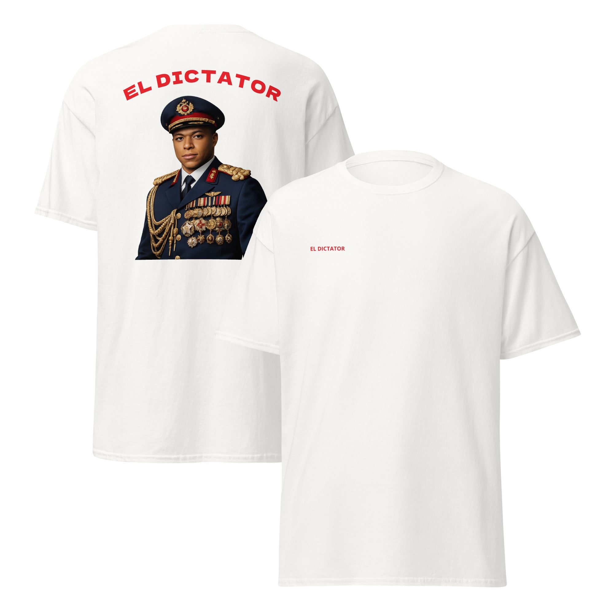EL DICTATOR Graphic T-shirt white football graphic t-shirt front and back view